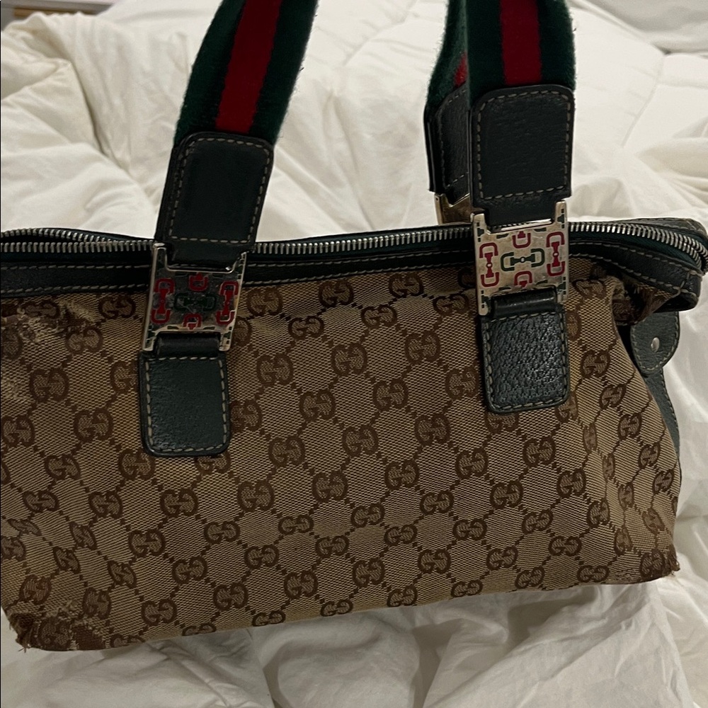 Gucci Beige and Green Monogram Tote